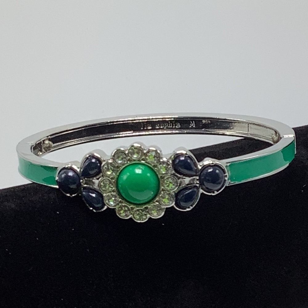 Lia Sophia Florid Stretch‎ Bracelet Blue and Green Enamel Bangle Rhinestones